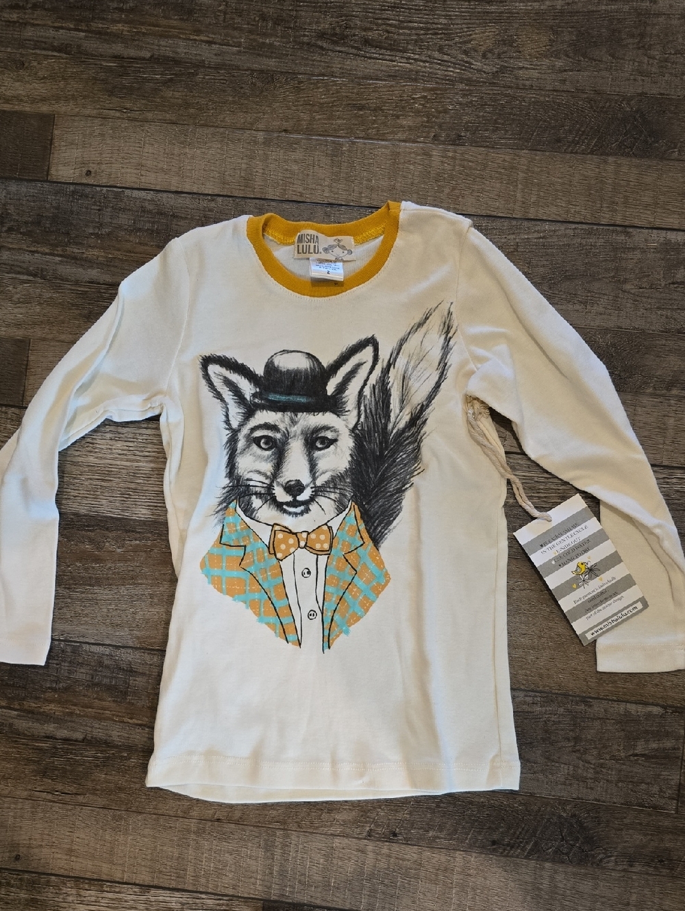 Kids' Cream Long Sleeve Fox Tee with Mustard Trim